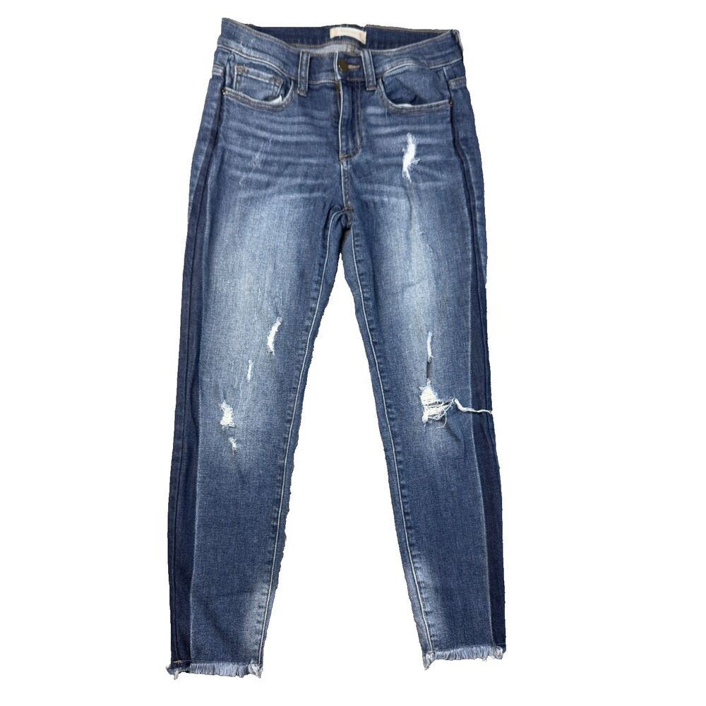 Altar'd State Jeans Womens 3 Blue Color Block Denim Skinny Raw Hem Distressed